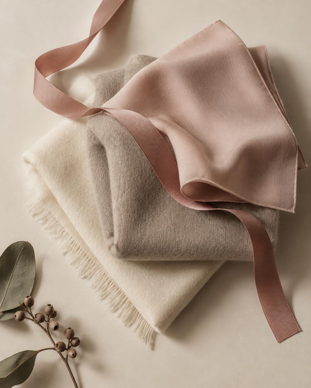 Folded silk, fine wool and linen swatches in ivory and blush